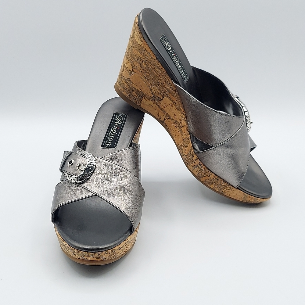 Brighton Summer Made In Italy Platfrom Cork Wedge Heel Sandals Pewter Women's 7